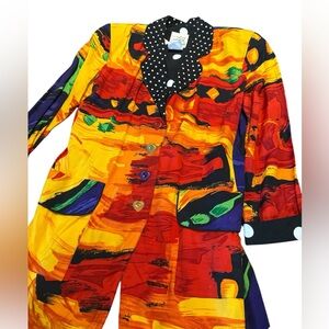 Vintage 80s 90s Abstract Blazer Jacket | Bold Colorful Print | Polka Dot Collar